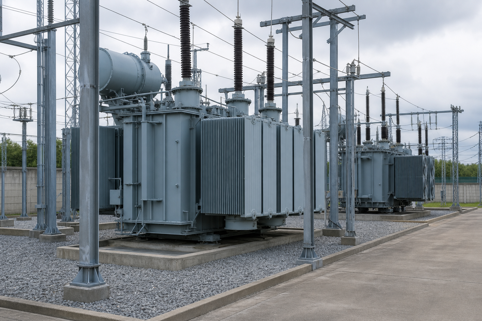 Oil-immersed transformers in an outdoor electrical substation